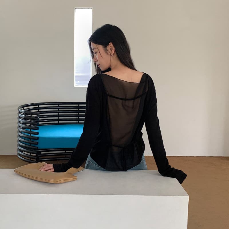 TG Niche Design Spliced Tencel Wool Long Sleeve Lace-Up Sheer Top for Women 2025 Autumn New Arrival 25601
