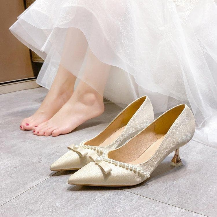 Off-White High-Heeled Shoes for Women, New Arrivals with Bow, Pointed Toe Stiletto Mid-Heel, 5cm, Bridal New Arrivals 5
