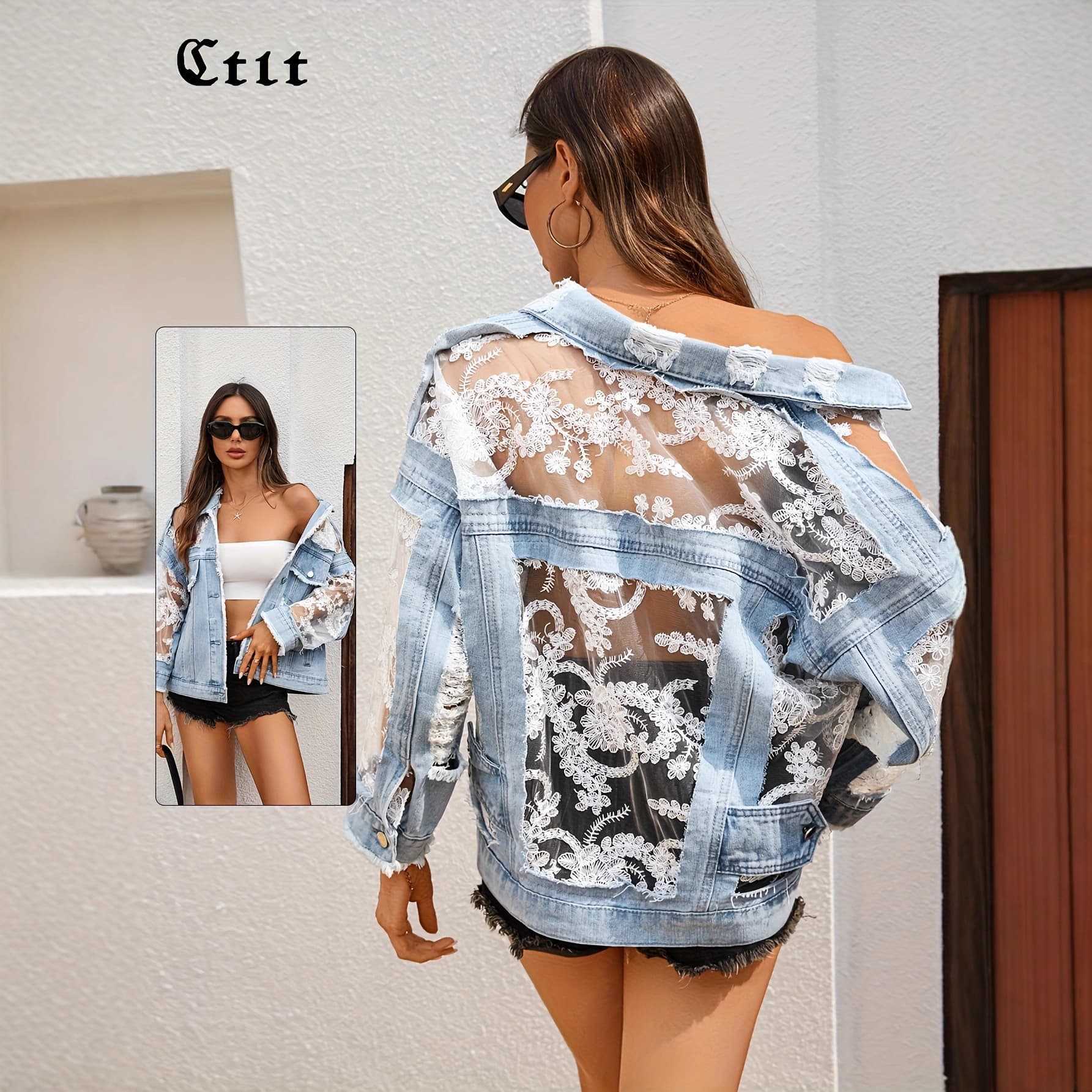Women's summer short denim jacket with mesh embroidery and holes, thin lace splicing, casual sun protection clothing