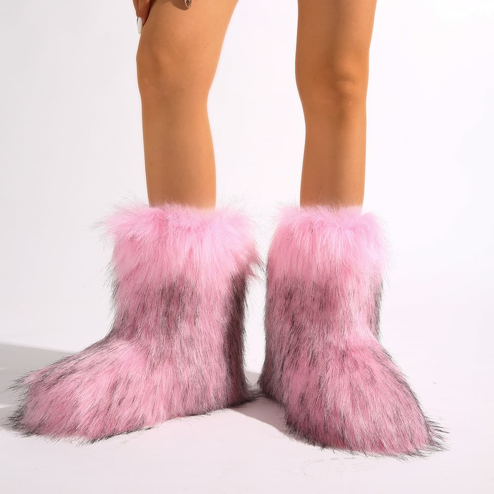 Furry Boots Women's Warm Slip-Resistant Cross-border Faux Fox Mid-Calf Faux Raccoon Fur Winter Snow Boots