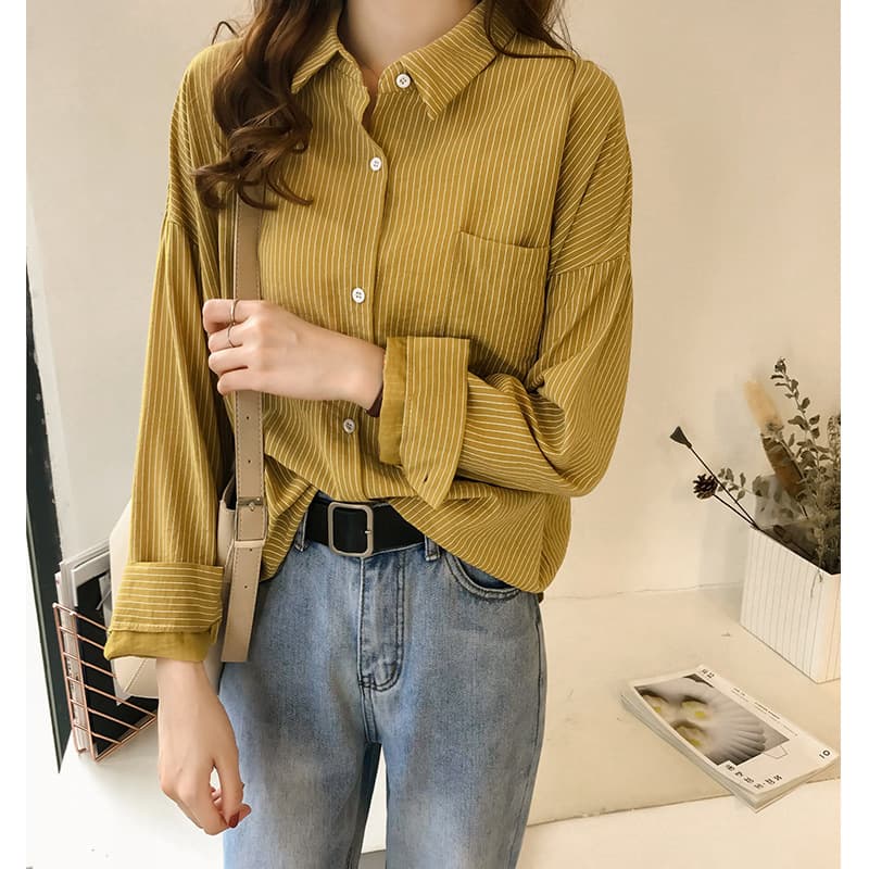 New Women's Korean Loose BF Striped Shirt Long Sleeve Top Thin Casual Blouse