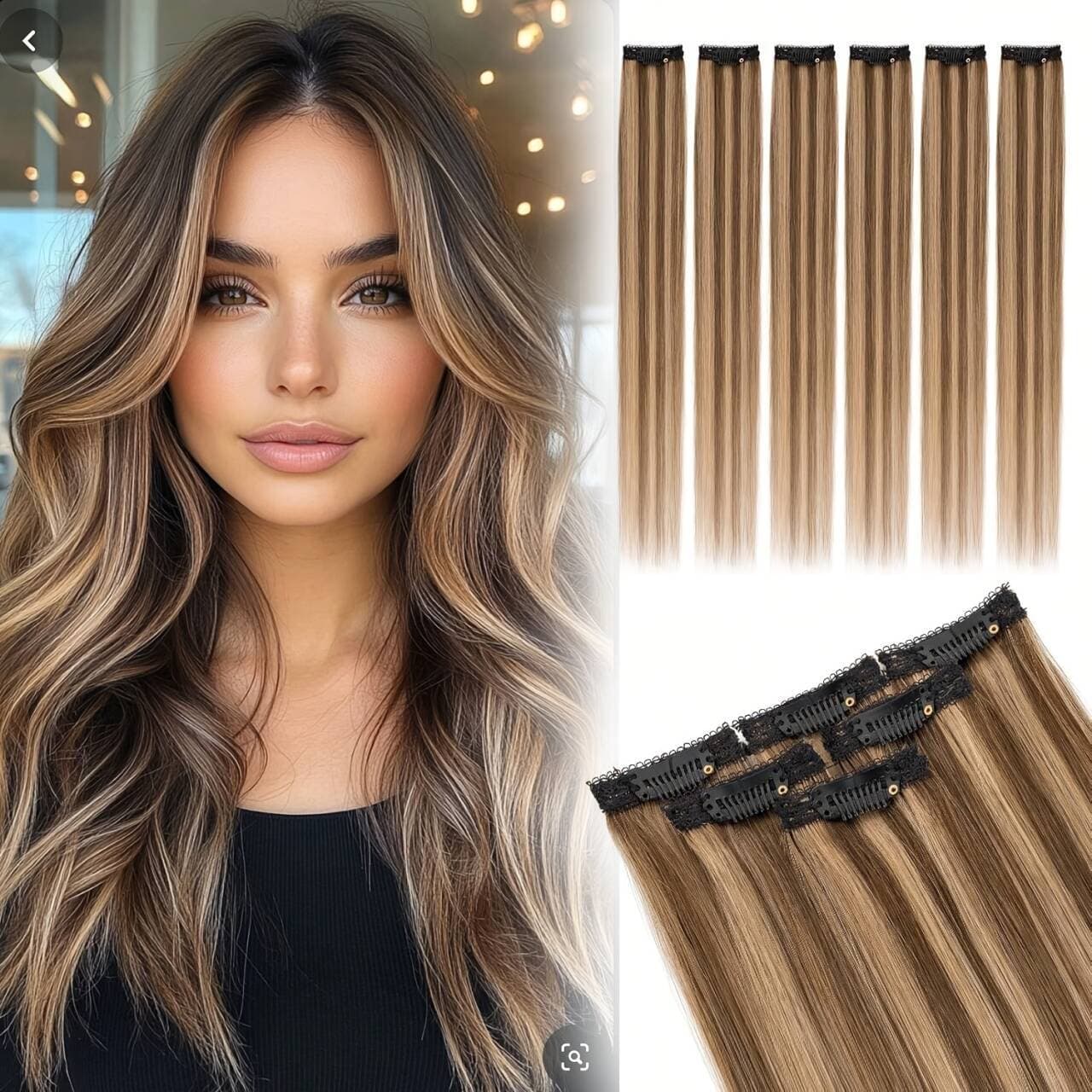 Women's 6-Piece Clip-In Hair Extensions, Natural Synthetic Hair Extensions with Clips, Straight Hair Wefts