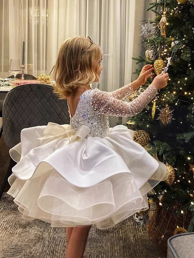 Europe and America Cross-border Children's Wedding Dress Girls Long Sleeve Lace Sequin Performance Host Birthday Puffy Short Skirt