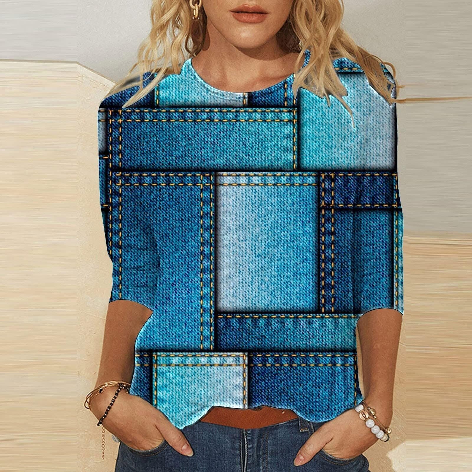 2025 new Amazon cross-border European and American casual and versatile fashion geometric round neck three-quarter sleeve T-shirt WA21