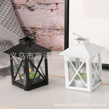 European Retro Iron Wind Lamp Candlestick Ornaments Metal with Glass Candle Revolving Lantern Wedding Venue Decorations