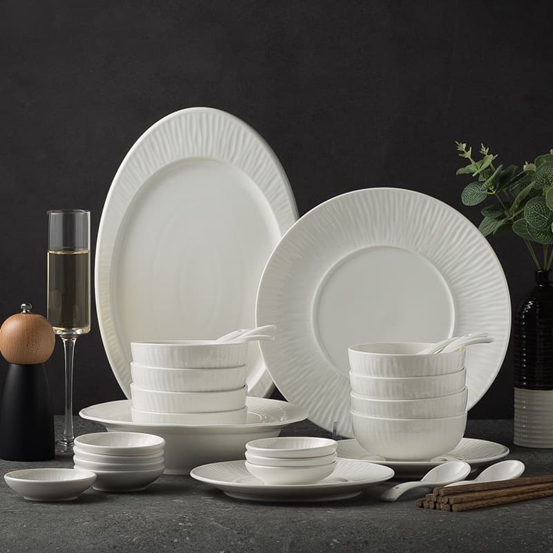 Ceramic dish set simple white porcelain relief beaded tableware home eating bowl plate Nordic single bowl and chopsticks