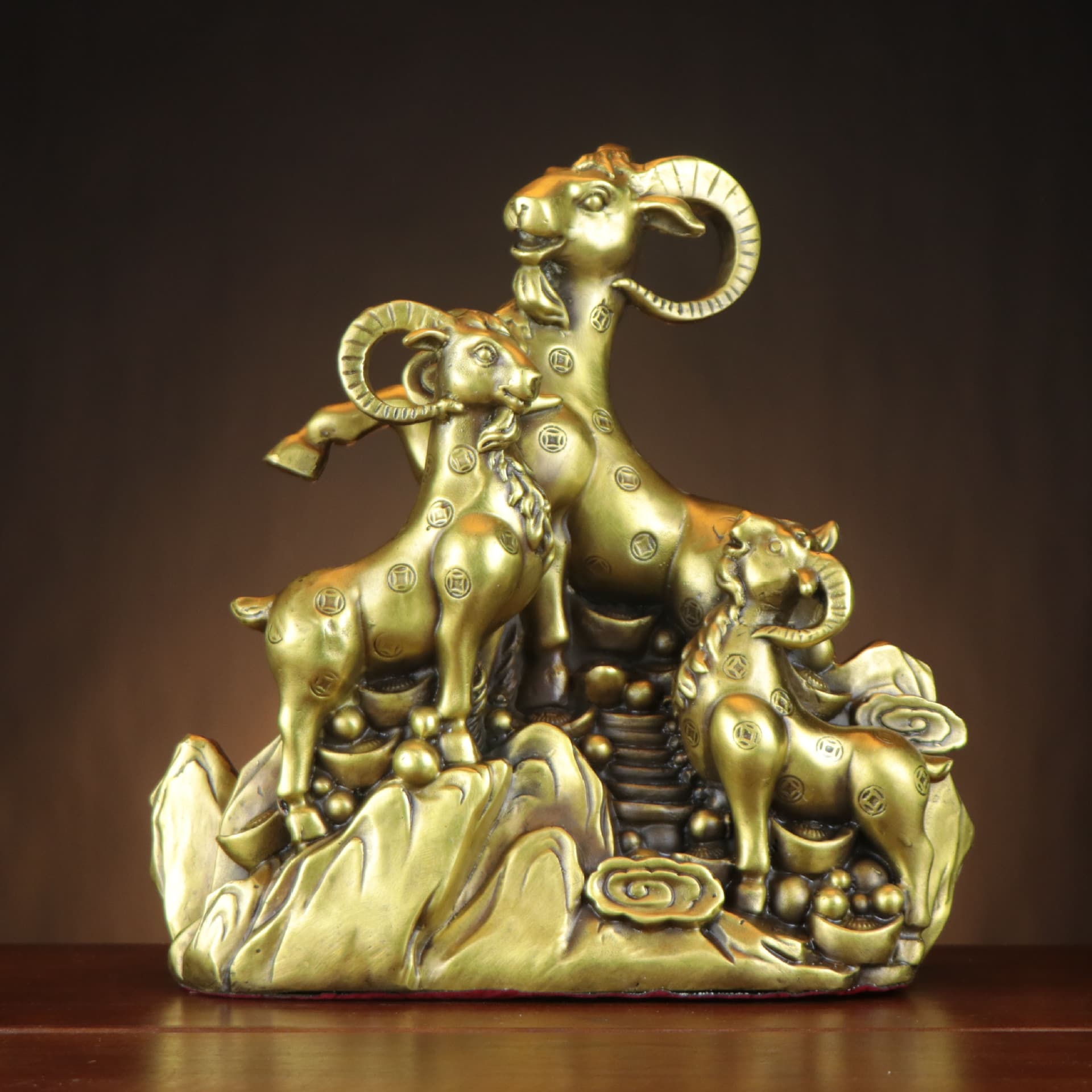 Brass Goat Three Goats Bringing Fortune Money Goat Ruyi Treasure Basin Goat Home Business Opening Brass Goat Ornament Factory Wholesale