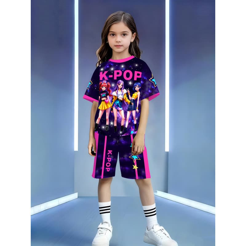 26 cross-border girls 3D digital printing cute beautiful girl reunion collar short-sleeved sports casual style boys and girls suit
