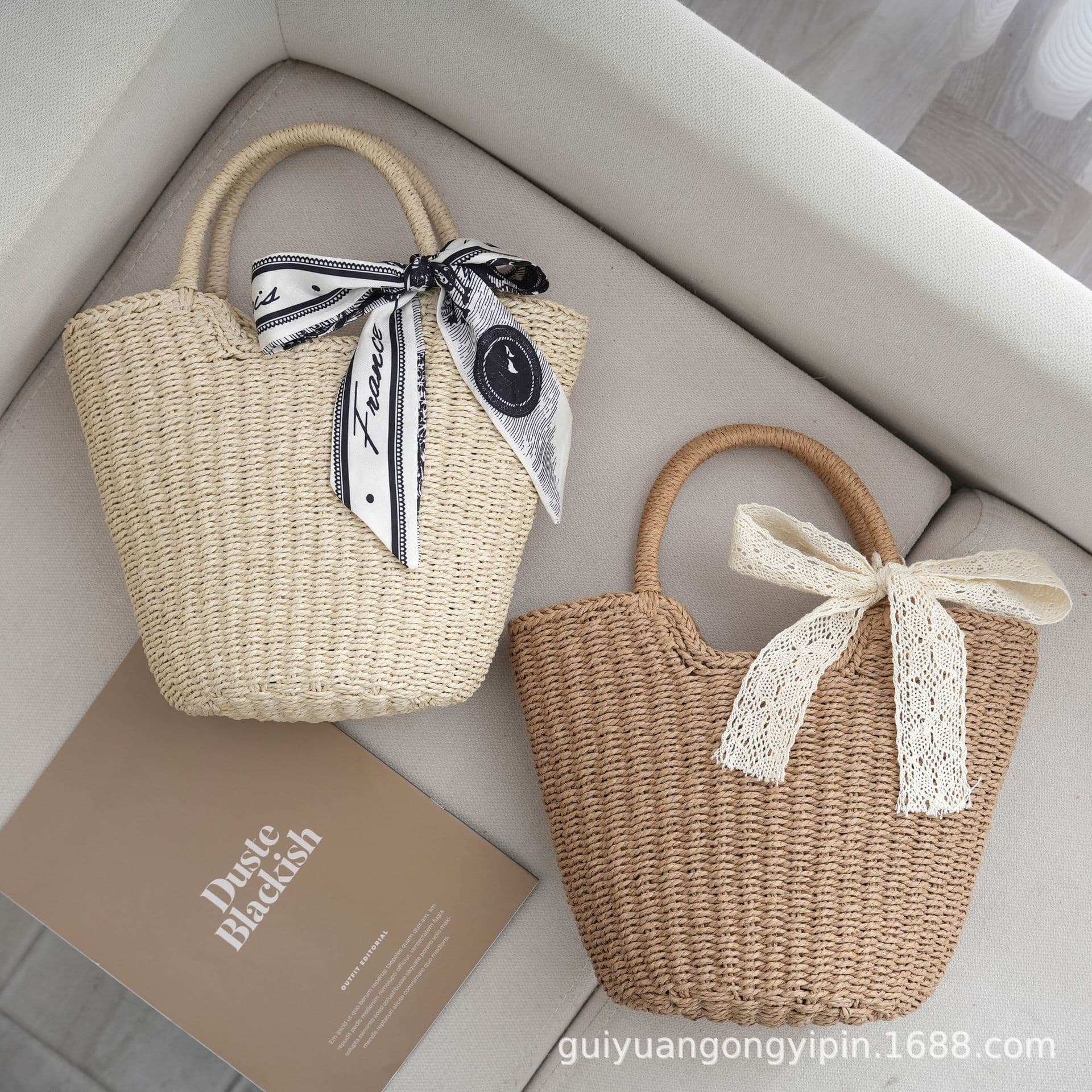 DIY Silk Scarf Vegetable Basket Bag Large Capacity Handwoven Bucket Bag Relaxed Straw Bag Handbag Beach Bag