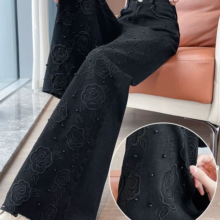 Beaded Wide-Leg Straight Jeans for Women, Autumn New Chinese Style Heavy-Duty 3D Embroidery, New Black Pants