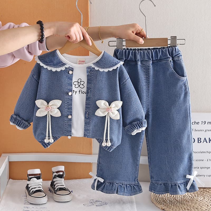 Girls' Set 2026 New Kids' Spring/Fall Baby Trendy Spring Clothes Fashion Denim 3-Piece Set