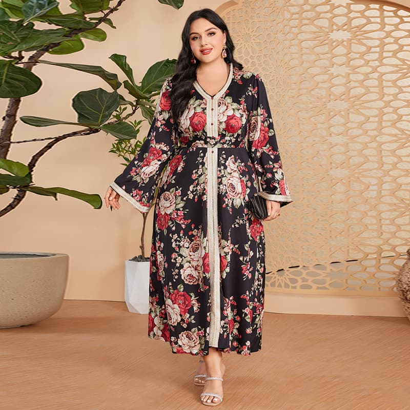 DD23069 Cross-Border Long Sleeve Printed V-Neck Plus Size Dress Amazon Elegant Party Evening Gown