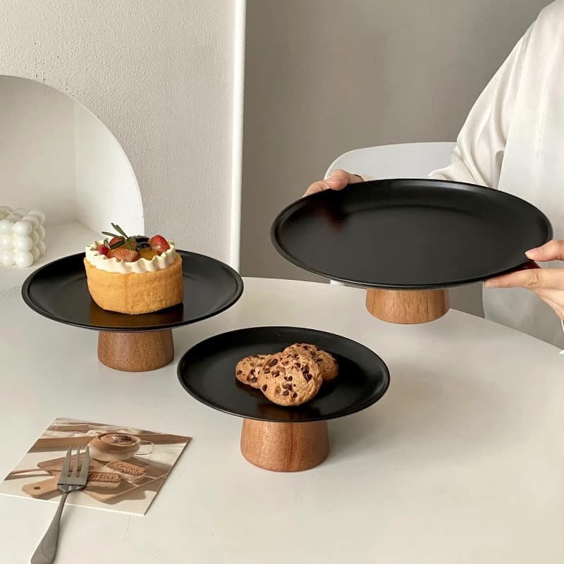 Black High-Leg Tea Snack Tray Coffee Table Snack Rack Display Plate Premium Stainless Steel Fruit Tray Home High-Leg Serving Tray