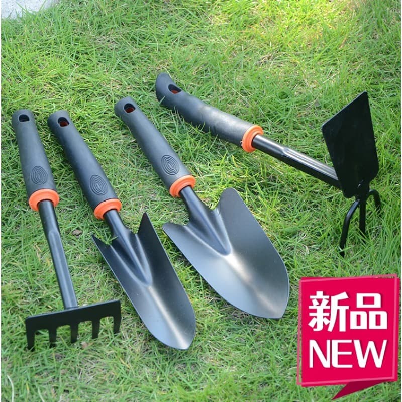 A three-piece set for small-scale planting: a shovel, gardening hoe, rake, small weeding shovel, and spade.