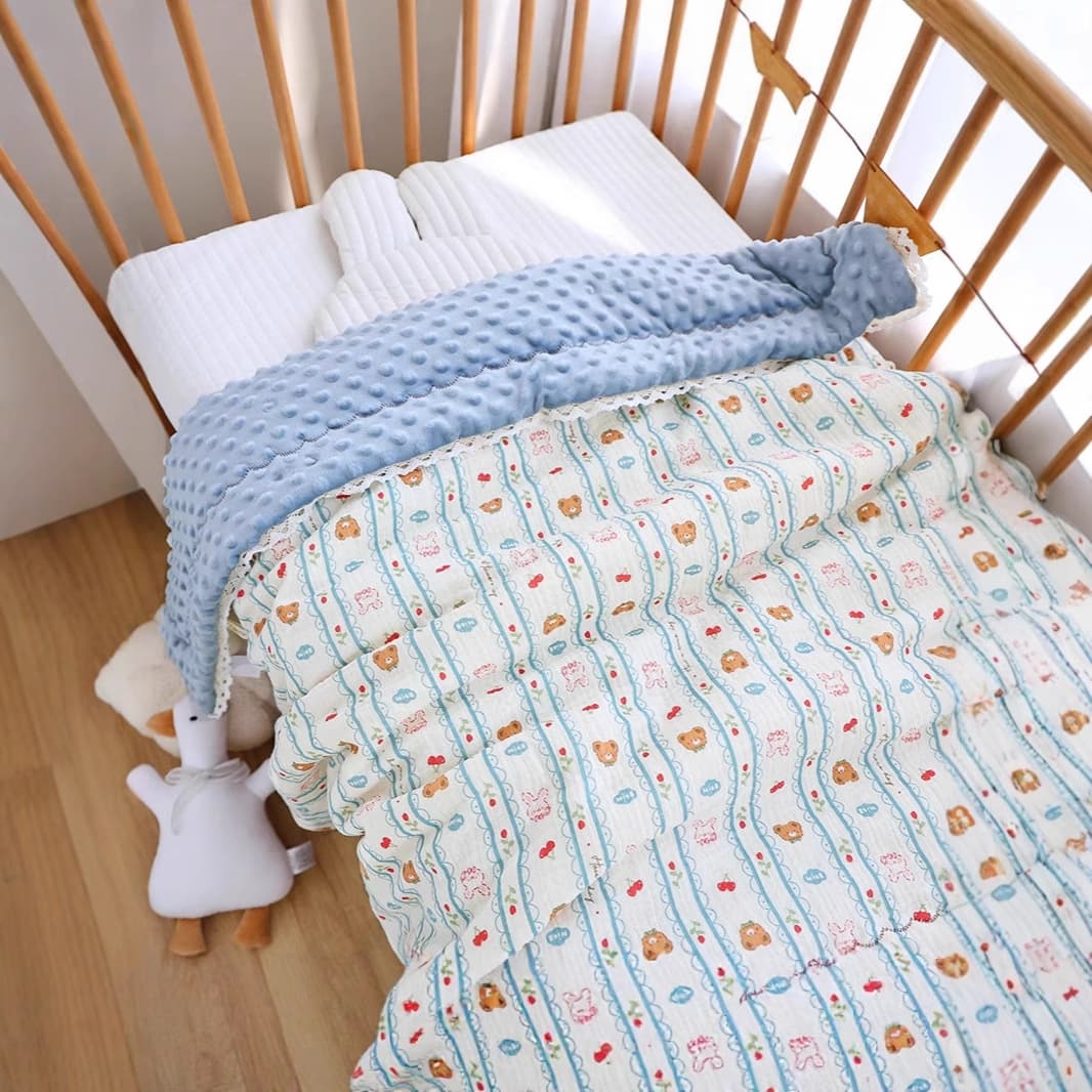 Pure Cotton Bean Baby Blanket, Class A Gauze Crepe Fabric, Baby Coverlet, Mother and Baby Bedding, Lace Trim