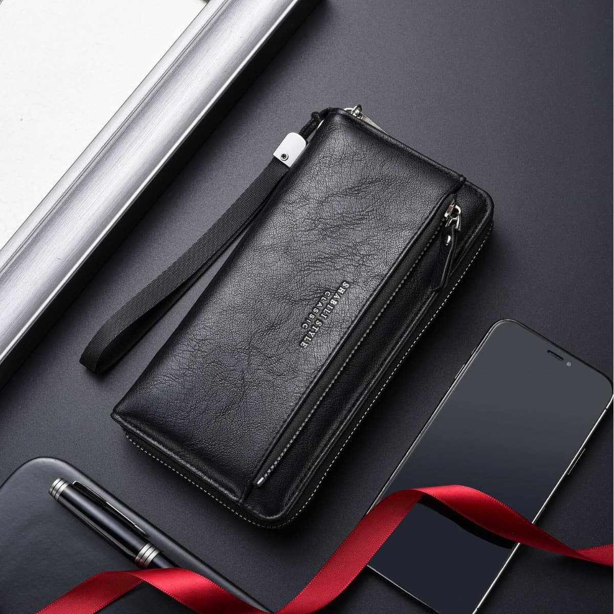 New Men's Long Wallet with External Card Slot, Soft Leather Zipper Clutch Bag, Youthful Fashionable Handheld Phone Bag