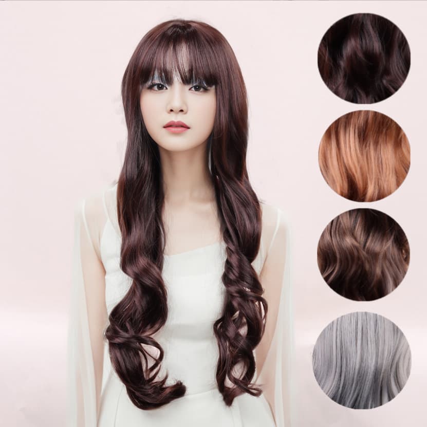 Japanese-Korean Style Air Bangs High Temperature Silk Curling Hair Wig Full Head Cover Style Wig Cap For Women Long Hair