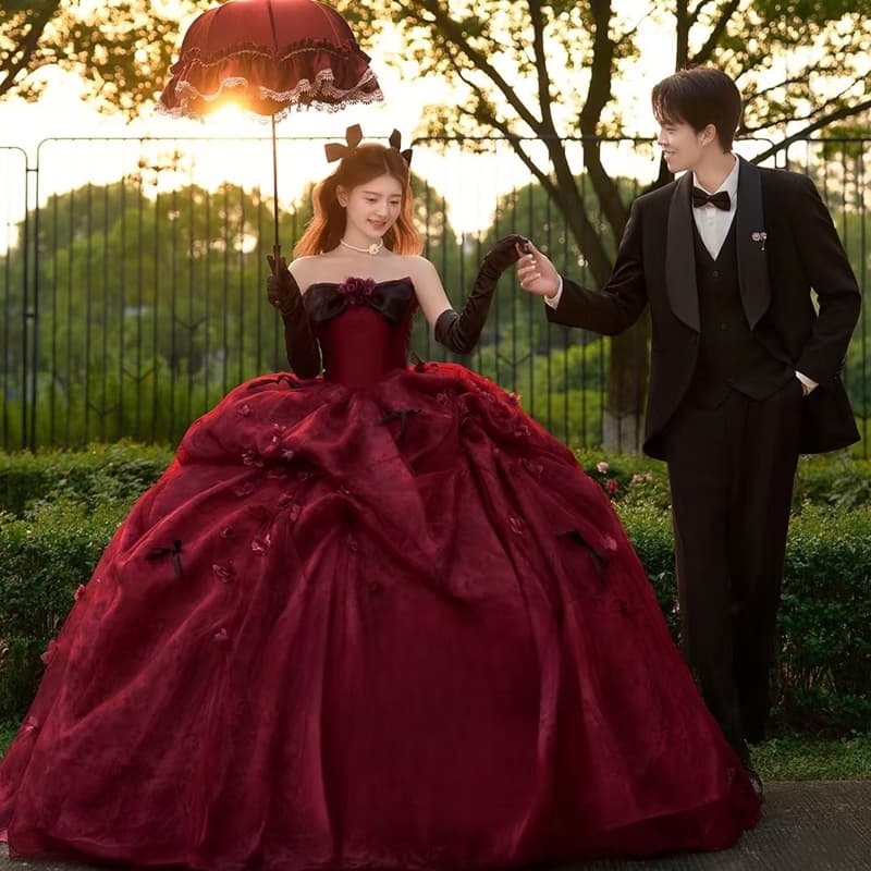 Burgundy High-End Strapless Wedding Dress with Romantic Runaway Princess Train, Luxury Photo Shoot Gown