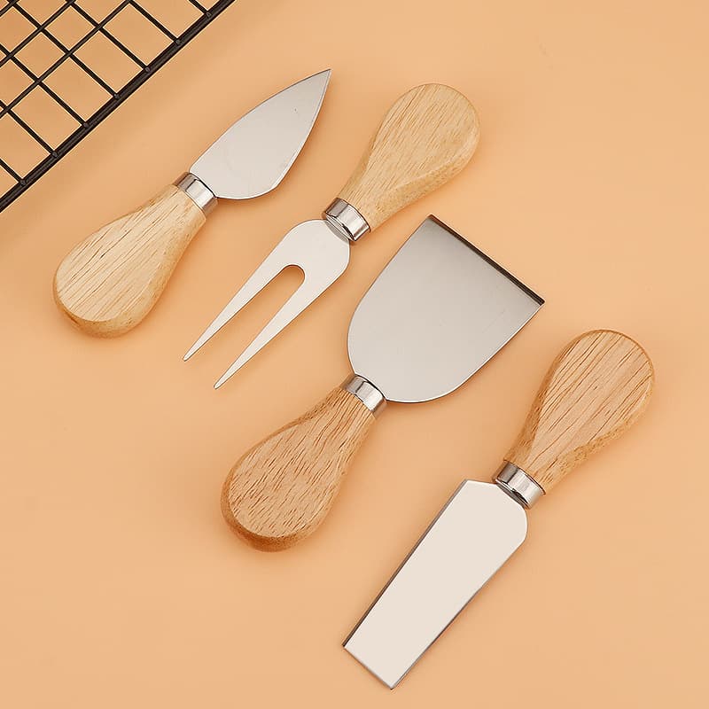 Stainless Steel Cheese Knife Set 4pcs Rubber Wood Handle Cream Pizza Cheese Fork Scoop Cheese Knife Set Home Use Products