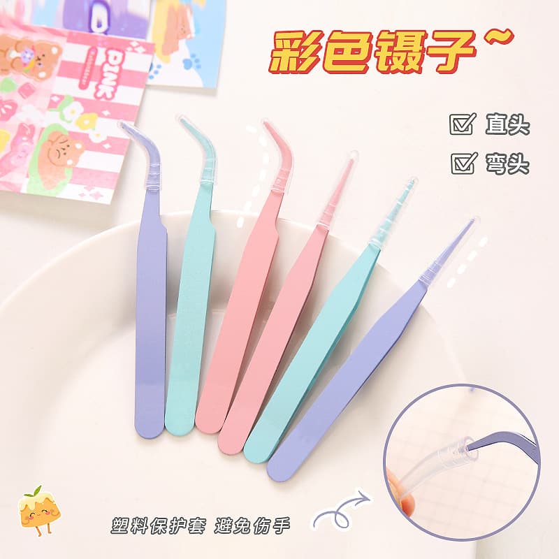 DIY colored pointed bent tip clips macaron pink eyelash manual planner tweezers stainless steel tweezers wholesale