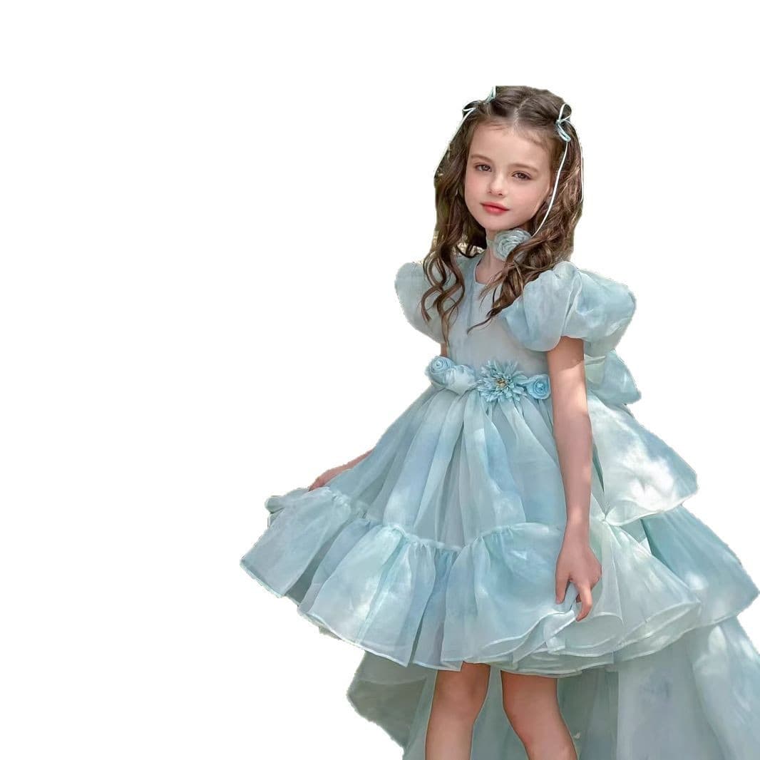 New Girls Fashion Train Dress Sweet Puff Sleeve Kids Princess Dress Host Catwalk Gown