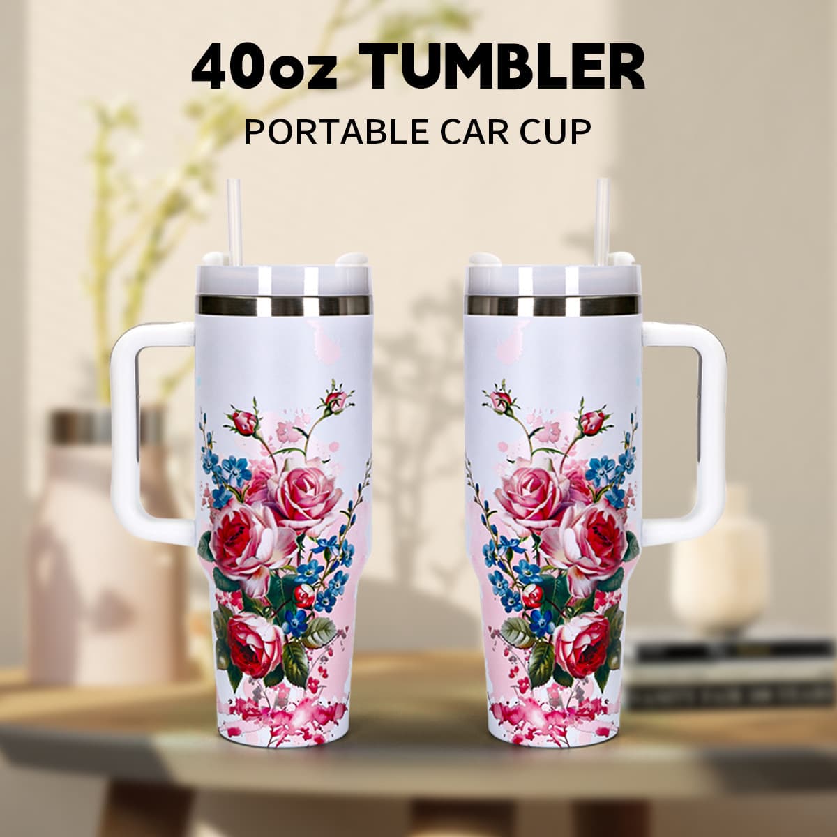 Cross-Border 304 Stainless Steel Thermos Cup 40oz Simple and Fashionable Handle Cup with Straw Creative Printed Sports Water Cup