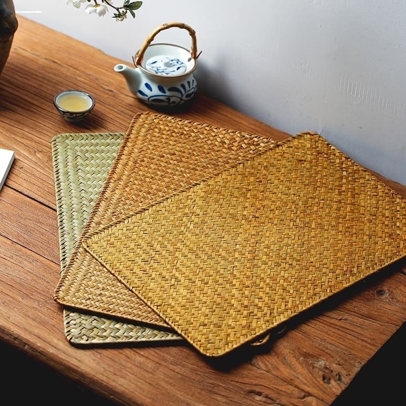 Seagrass Woven Placemat Tea Tray Mat Vintage Chinese Style Decoration Rustic Heat Insulation Mat Photo Prop