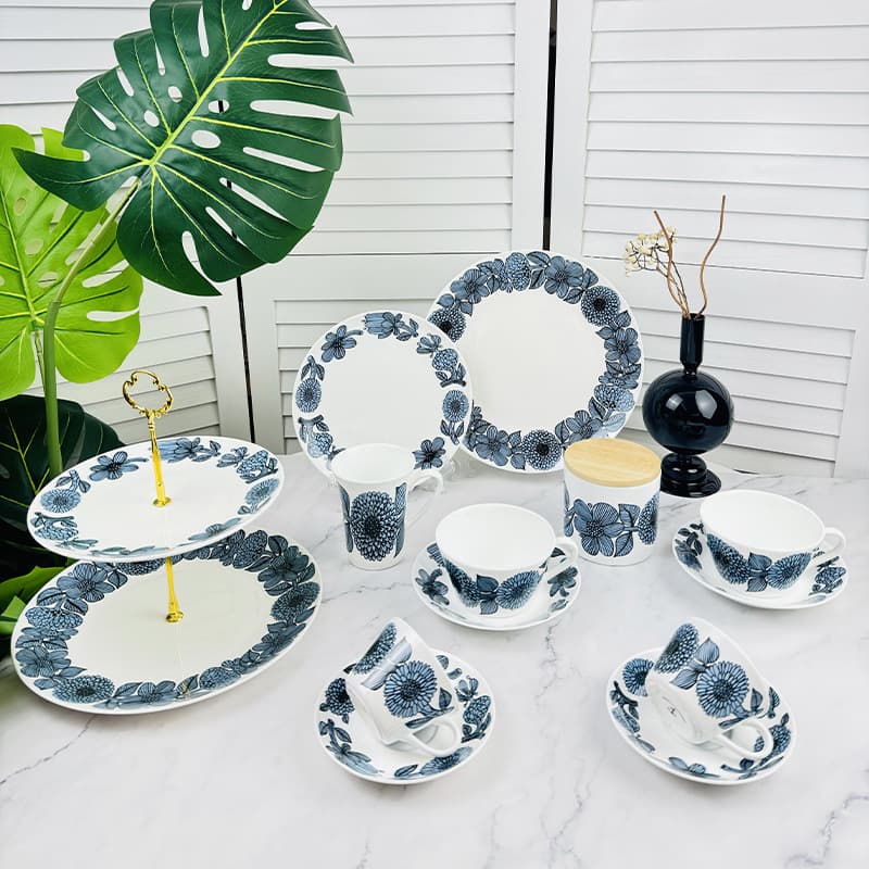 European style taffeta blue chrysanthemum retro blue flower bone china tableware mug coffee cup string plate cake snack plate