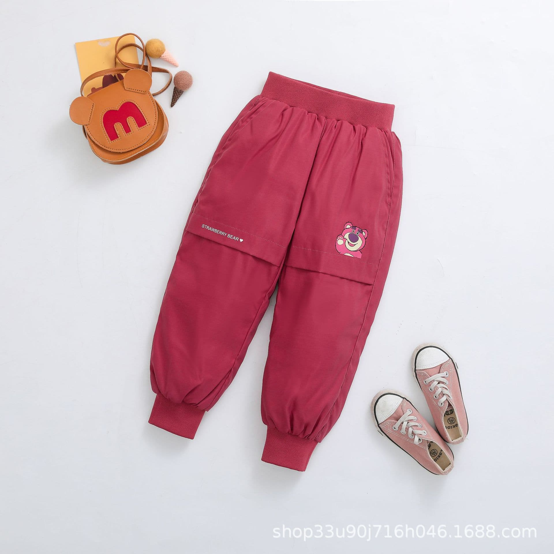 Pinghu New Children's Down Pants with Cartoon Strawberry Bear Print for Girls and Boys, Thickened White Duck Down Pants for Winter