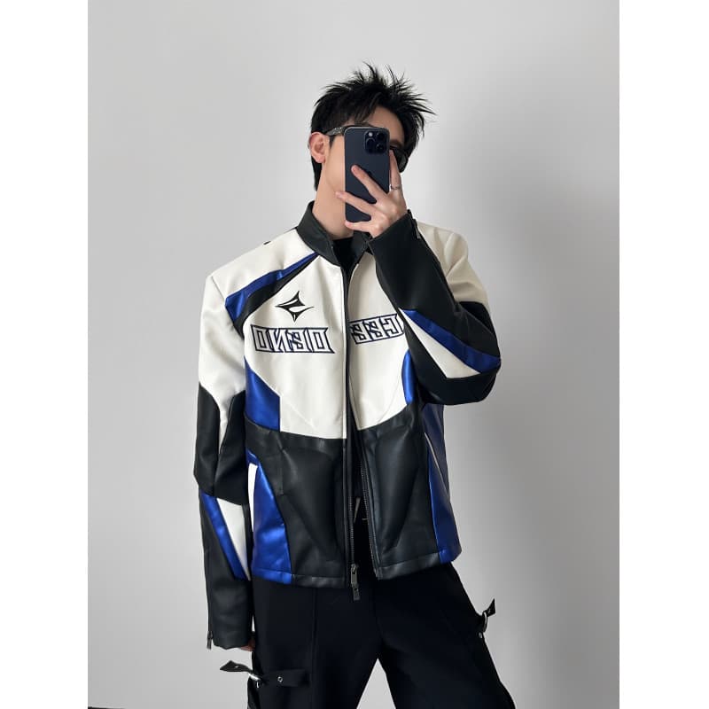Spring Trendy Motorcycle Jacket for Men Short Contrast Print Stand Collar PU Leather Biker Riding Cool Embroidered Coat