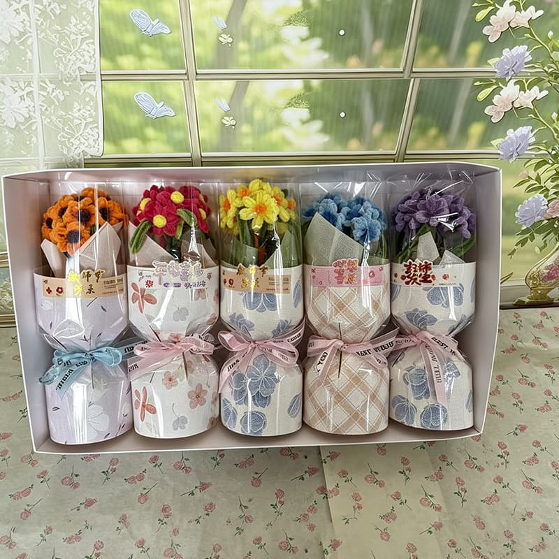 Floral Bucket Chenille Stem Finished Bouquet Mixed Styles Handmade Chenille Stem Flowers Teacher's Day Desk Decoration Gift In Stock