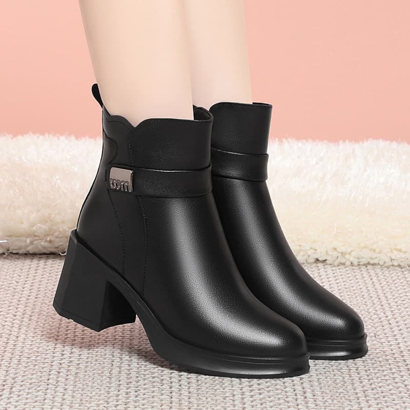 2024 Autumn/Winter Chunky Heel Short Boots Women's High Heel Boots Warm Wool Mom Cotton Shoes Lined Leather Shoes PJ-6613