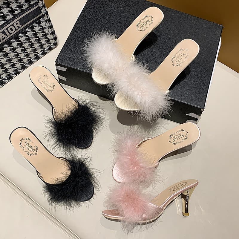 Furry Sandals Women's Sexy Shoes 2021 Spring Summer New Daily One-Line Women's High Heel Slippers Foreign Trade