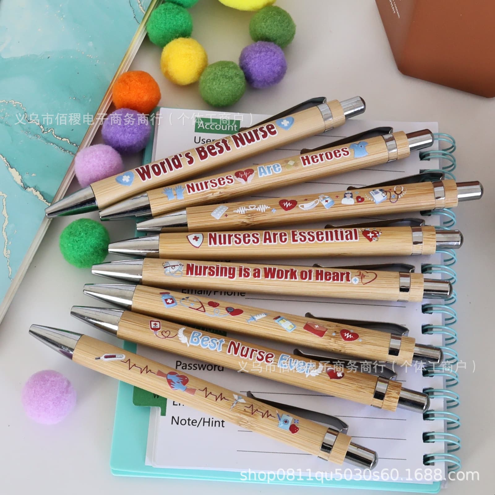 Funny Pens - Nurse Theme 8 Bamboo Retractable Ballpoint Pens, Wood Grain Pens