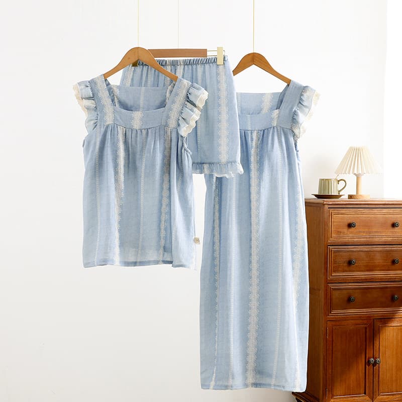 Bamboo Fiber Small Flying Sleeve Chest Pad Home Clothes Blue Plaid Summer Thin Comfortable Breathable Outer Wearing Home Suit