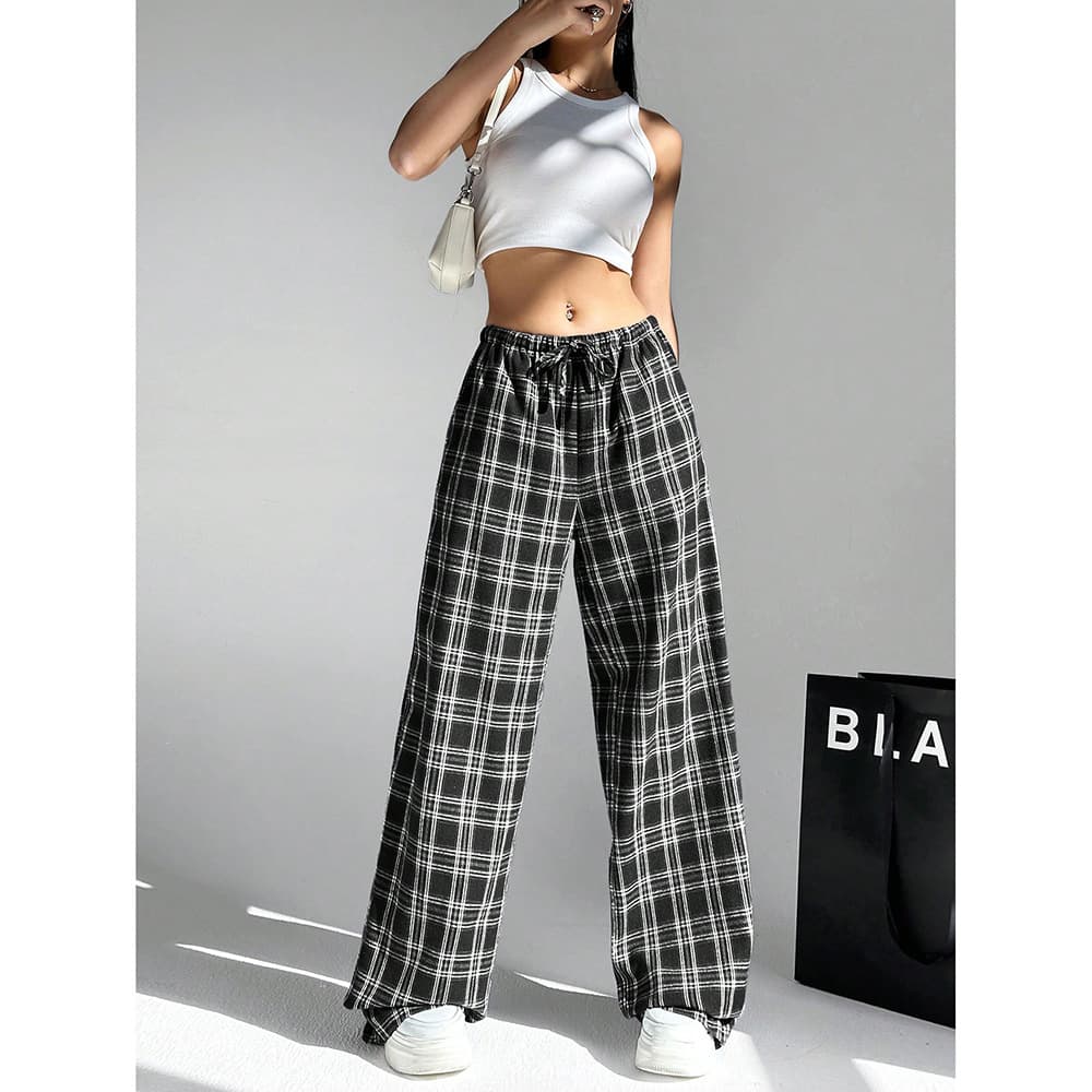 Amazon Hot Selling European and American Plaid Casual Pants Women's 2024 New All-match Loose Drawstring Pocket Wide Leg Long Pants