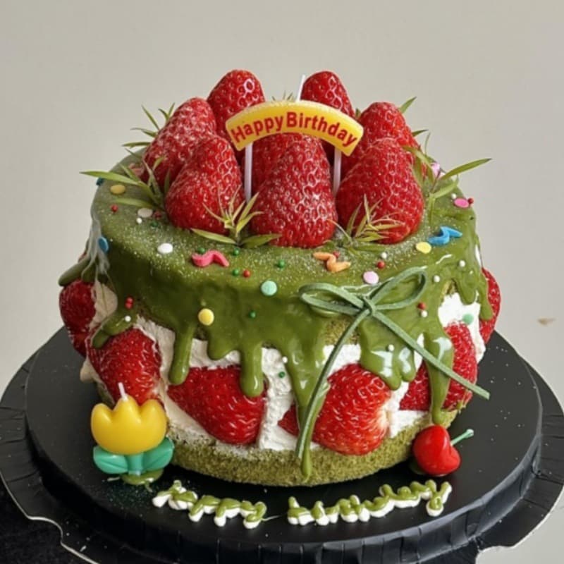 Trendy Instagram Korean-Style Strawberry Birthday Cake Decoration Topper Set Small Flower Cherry Candle Party Dessert Baking Accessories