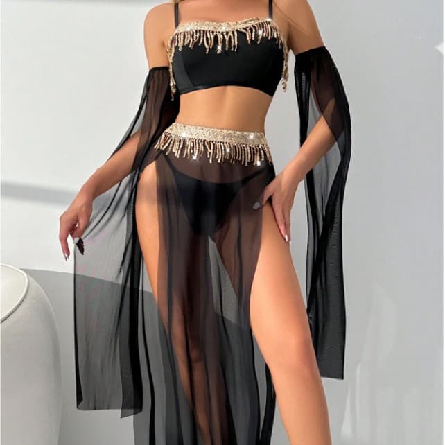 Cross-border Stock Sexy Fringe Pole Dance Lingerie Set European and American New Style Belly Dance Sequined Lace Hot Set