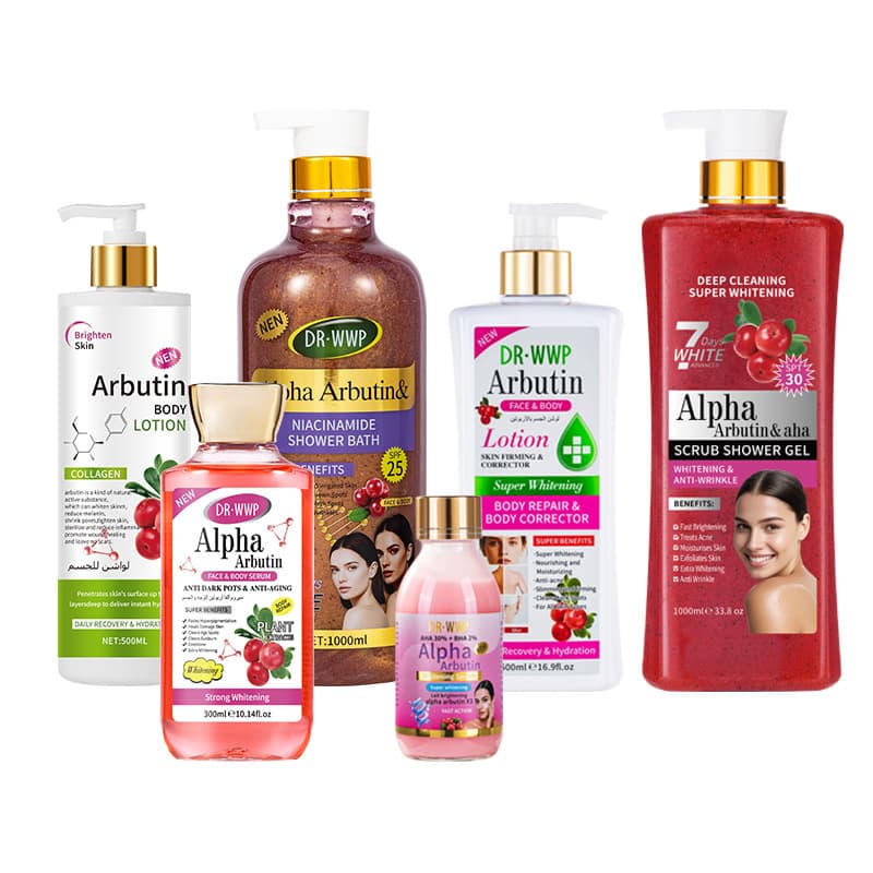Southeast Asian export arbutin skincare series: sugar and salt scrub, exfoliating facial essence, moisturizing.