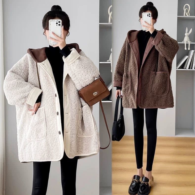 Plus-size maternity autumn/spring/summer thickened lamb wool outerwear for women stylish casual loose hooded trendy mom top up to 200 jin