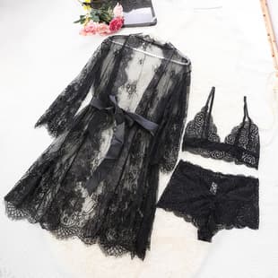Black Lace Three-Piece See-Through Lingerie Set, 2026 New Sexy Loungewear Robe Set for Women, Cross-Border E-Commerce