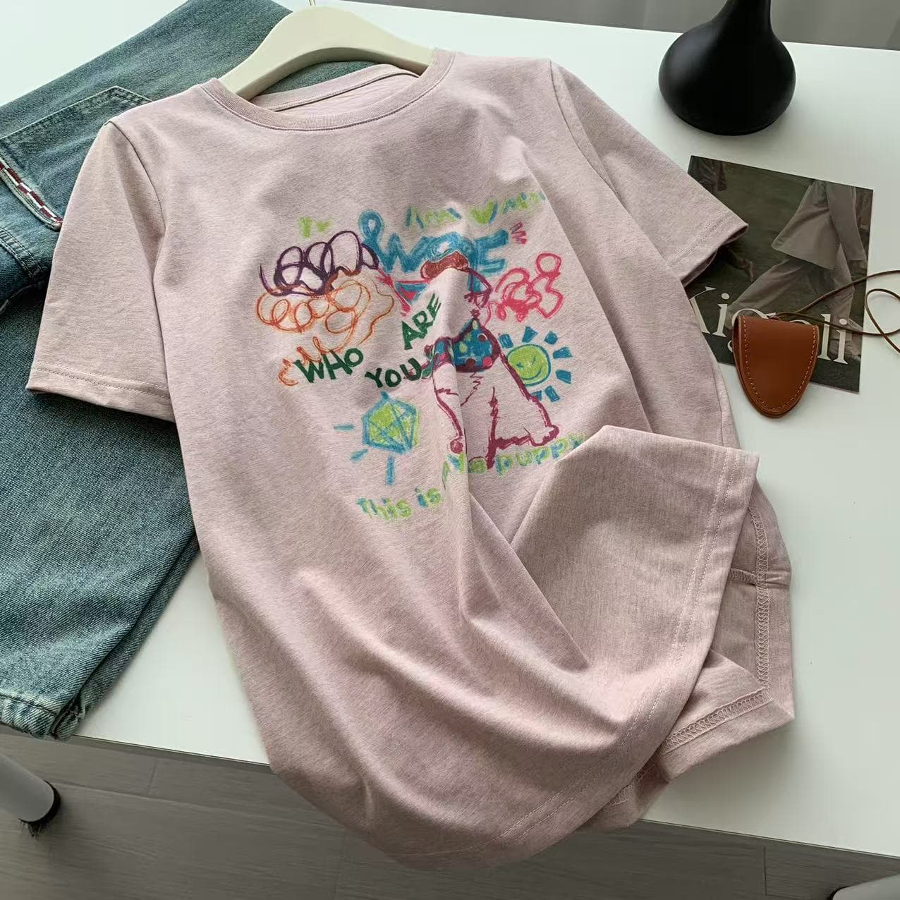 Painted Graffiti Colorful Yarn Printed T-Shirt Cartoon Cute Summer Loose Round Neck Short-Sleeved Round Neck Tee Slimming Look Top New