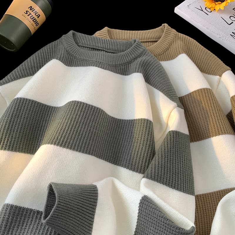 Striped crew neck sweater men's 2024 autumn and winter teenagers loose casual contrast color lazy style sweater jacket