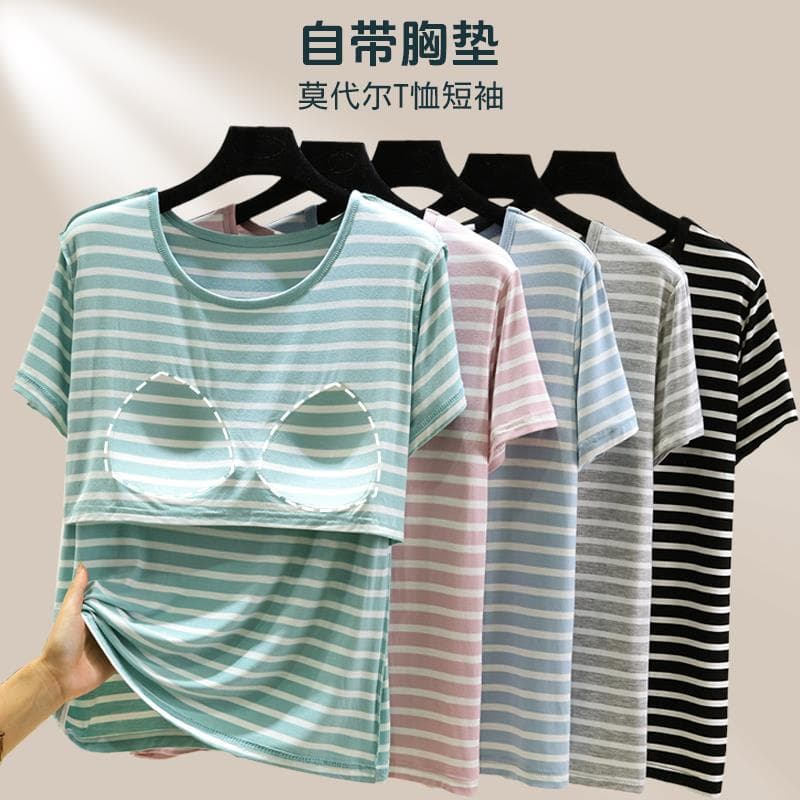 Modal Summer Chest Pad Short-Sleeved Top Loose Free Bra Striped T-Shirt Thin All-Match Outer Wear Base Shirt
