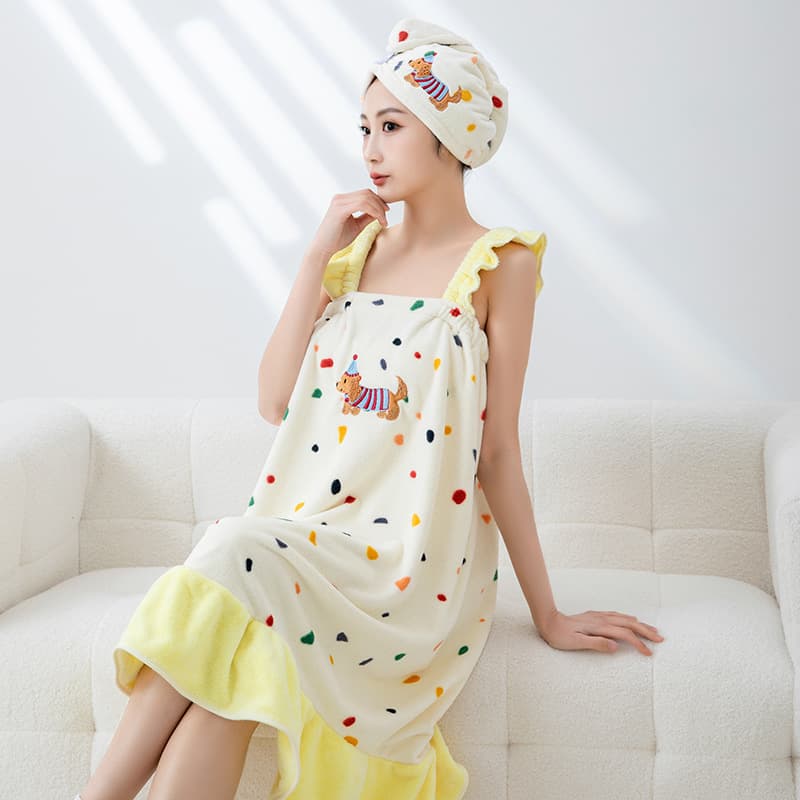 Polka dot dachshund bath towel, hair drying cap, three-piece household absorbent coral fleece towel, soft suspender bath skirt