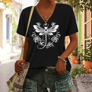 Trending European & American 3D Digital Print Seaside Vacation Butterfly Fashion Versatile Plus Size Women's Summer V-Neck Short Sleeve T-Shirt