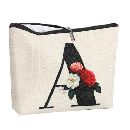 Amazon Alphabet Abcd Rose Floral Print Cosmetic Bag Linen Texture Travel Organizer Handbag for Cross-border