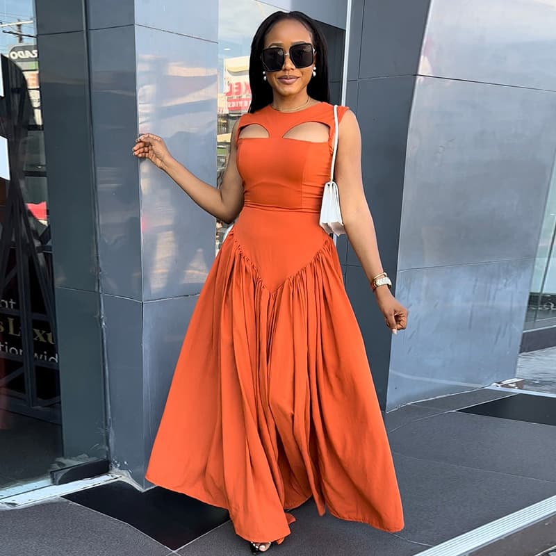2024 Summer New Elegant Round Neck Hollow Out Slimming Dress For Women Clothing Cross-border Sleeveless Medium-length Dress