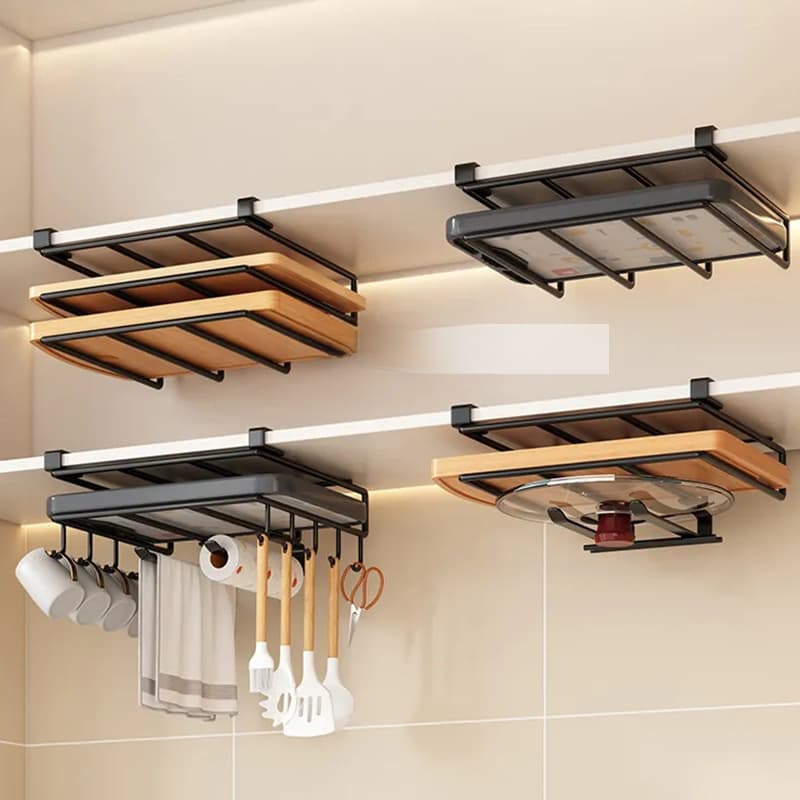 Cutting Board Holder Hanging Under Cabinet, Kitchen Storage Rack, Pot Lid and Chopping Board Organizer