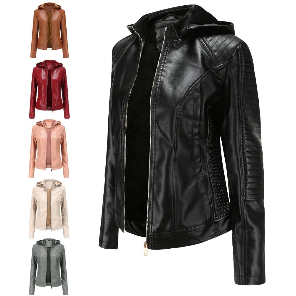 New Cross-Border European and American Large Size Plus Velvet Women's Leather Jacket Women's Hooded Autumn and Winter Short Jacket Warm Casual Women's Jacket